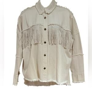 CZ Cezele Women’s Small Ivory Denim Shirt Jacket with Silver Stud Trim & Fringe
